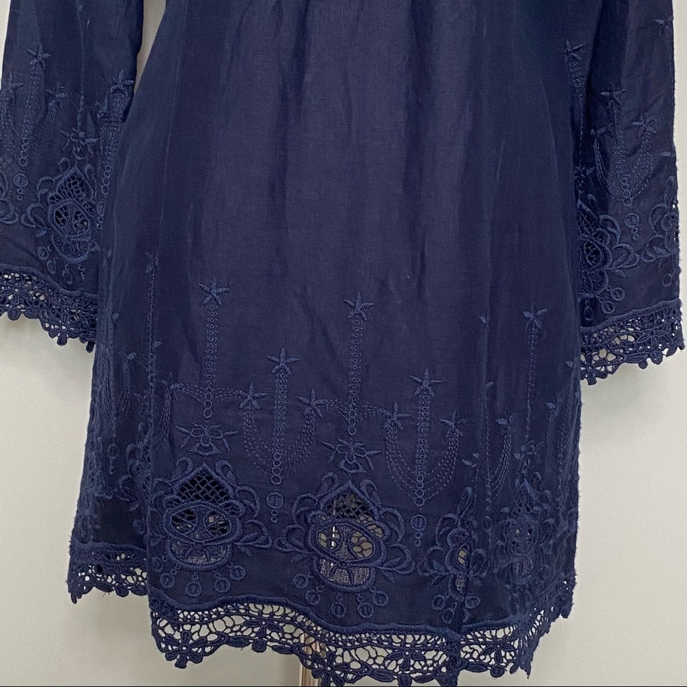 Malvin 100% Linen and Lace Trim Navy Embroidered Dress, Size Small 6 - Picture 2 of 11